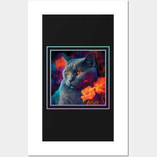 Fluffy Chartreux Cat Vibrant Tropical Flower Digital Oil Painting Portrait Posters and Art